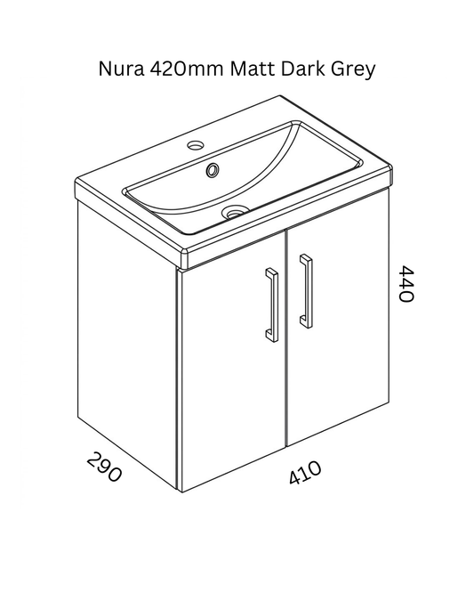 Nura 420mm Wall Hung Vanity Unit Basin Designer Glossy Dark Grey Slimline Design