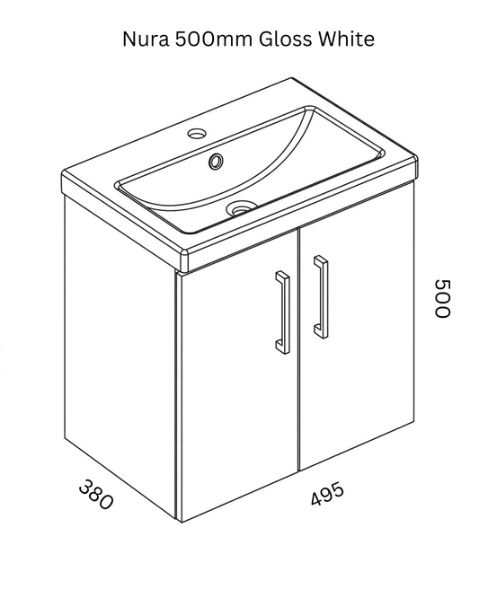 Nura 500mm Wall Hung Vanity Unit Basin High Gloss White 2-Door Storage Cabinet