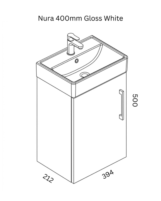 Nura 400mm Wall Hung Vanity Unit Basin High Gloss White Space Saving Cloakroom