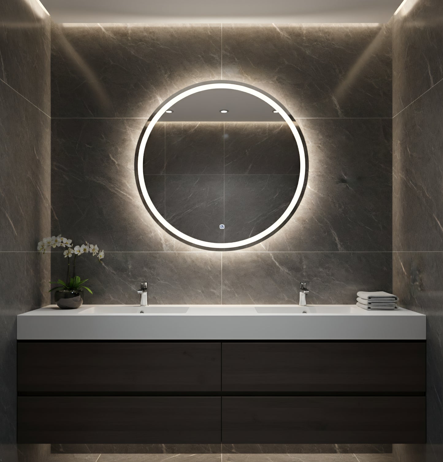 Cyrus 500mm Round LED Mirror | Dimmable & Demister | Brushed Nickel