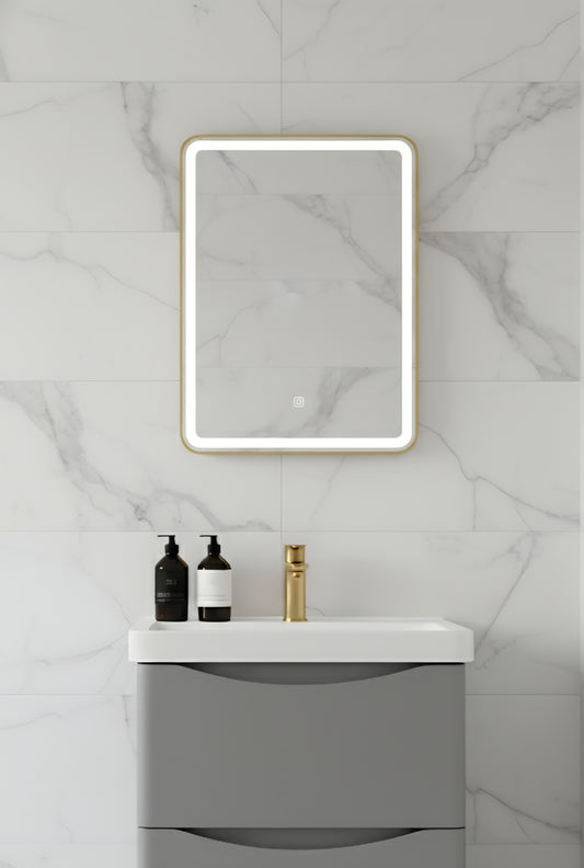 Orion 500x700mm LED Mirror | Dimmable & Demister | Brushed Gold