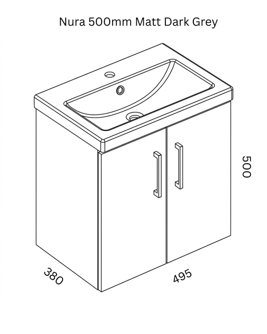Nura 500mm Wall Hung Vanity Unit Basin Designer Matt Dark Grey 2-Door Cupboard
