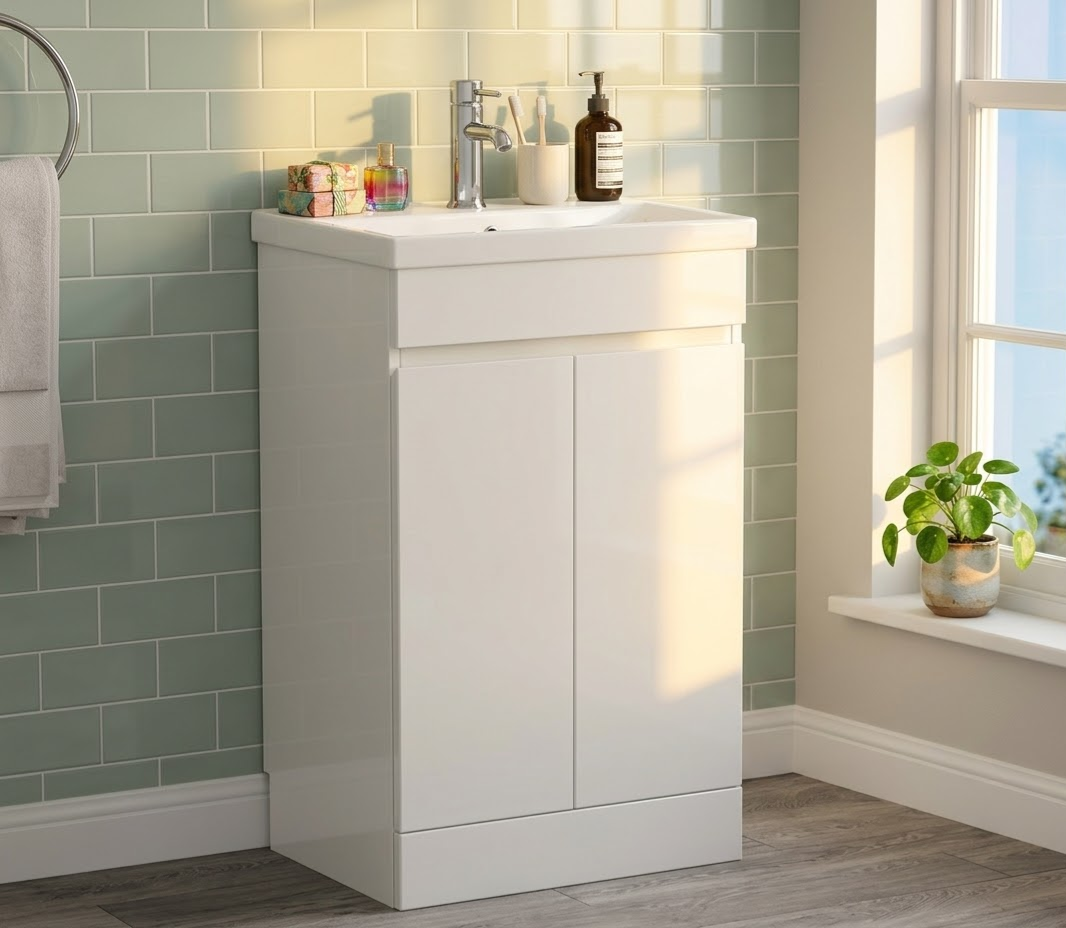 600mm - Handleless Vanity Unit & Basin White Gloss 100% Waterproof PVC