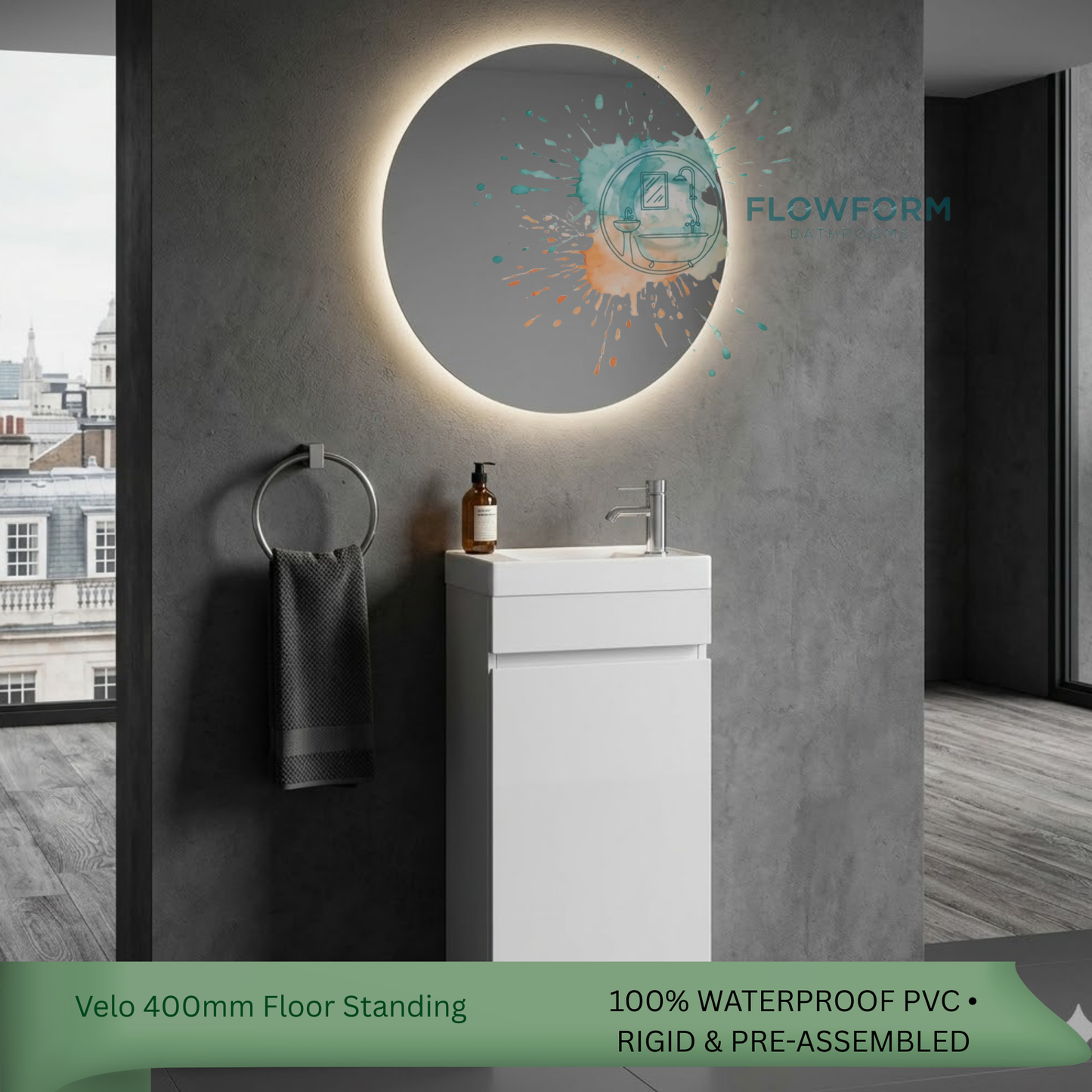 400mm Handleless Vanity Unit & Basin White Gloss 100% Waterproof PVC