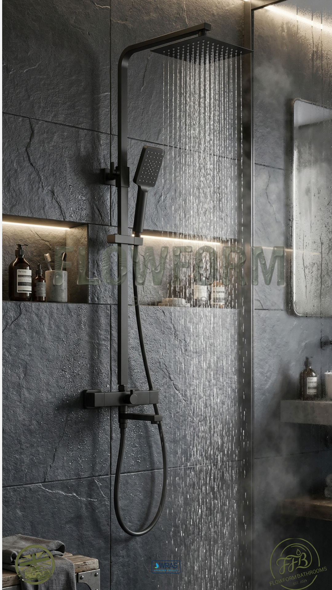 FlowForm Vident - Square - 3 Way Thermostatic Shower - Bath Filler - Vernet