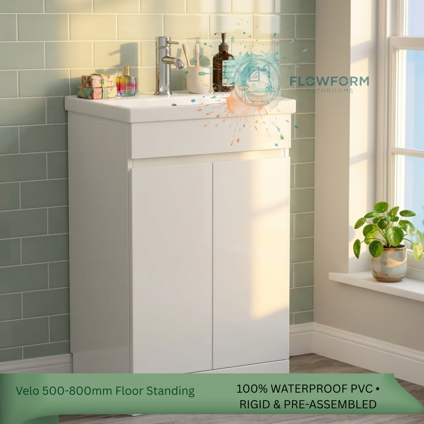 600mm - Handleless Vanity Unit & Basin White Gloss 100% Waterproof PVC