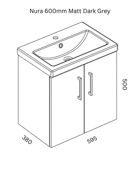 Nura 600mm Wall Hung Vanity Unit Basin Designer Glossy Dark Grey Large 2-Door