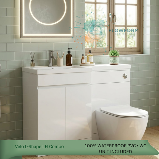 FlowForm 1100mm PVC L-Shape Vanity & WC Unit - Left Hand, White Gloss