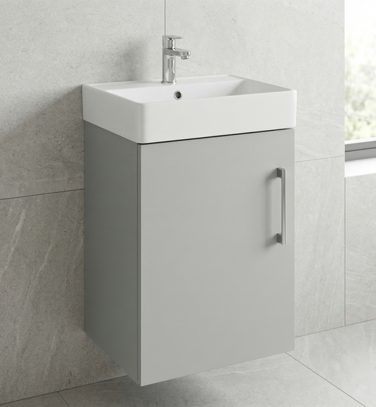 Nura 400mm Wall Hung Vanity Unit Basin Designer Glossy Light Grey Space Saving Slim