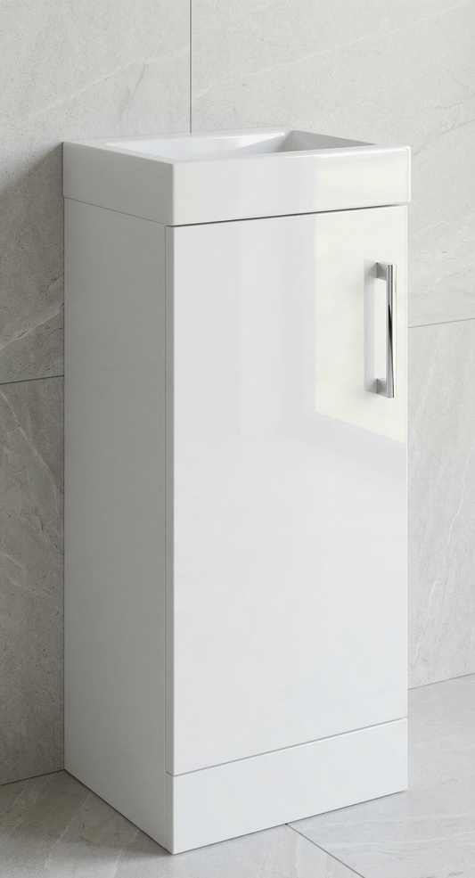 Nura 400mm Floor Standing Vanity Unit Basin High Gloss White Slimline Design