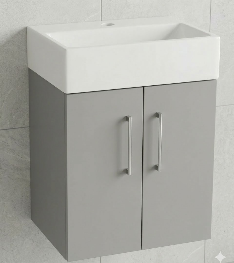 Nura 420mm Wall Hung Vanity Unit Basin Designer Glossy Light Grey Slimline Design