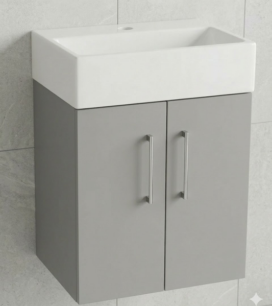 Nura 420mm Wall Hung Vanity Unit Basin Designer Glossy Light Grey Slimline Design
