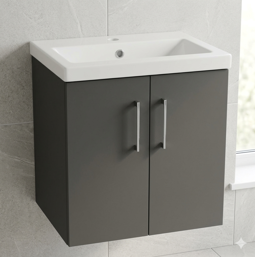 Nura 600mm Wall Hung Vanity Unit Basin Designer Glossy Dark Grey Large 2-Door