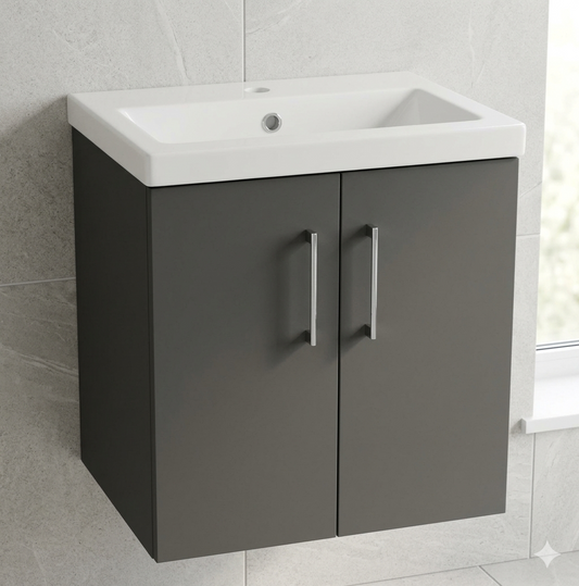 Nura 600mm Wall Hung Vanity Unit Basin Designer Glossy Dark Grey Large 2-Door