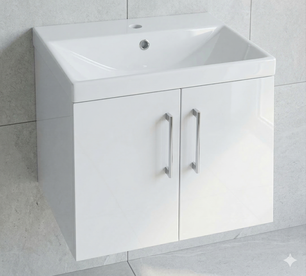 Nura 500mm Wall Hung Vanity Unit Basin High Gloss White 2-Door Storage Cabinet
