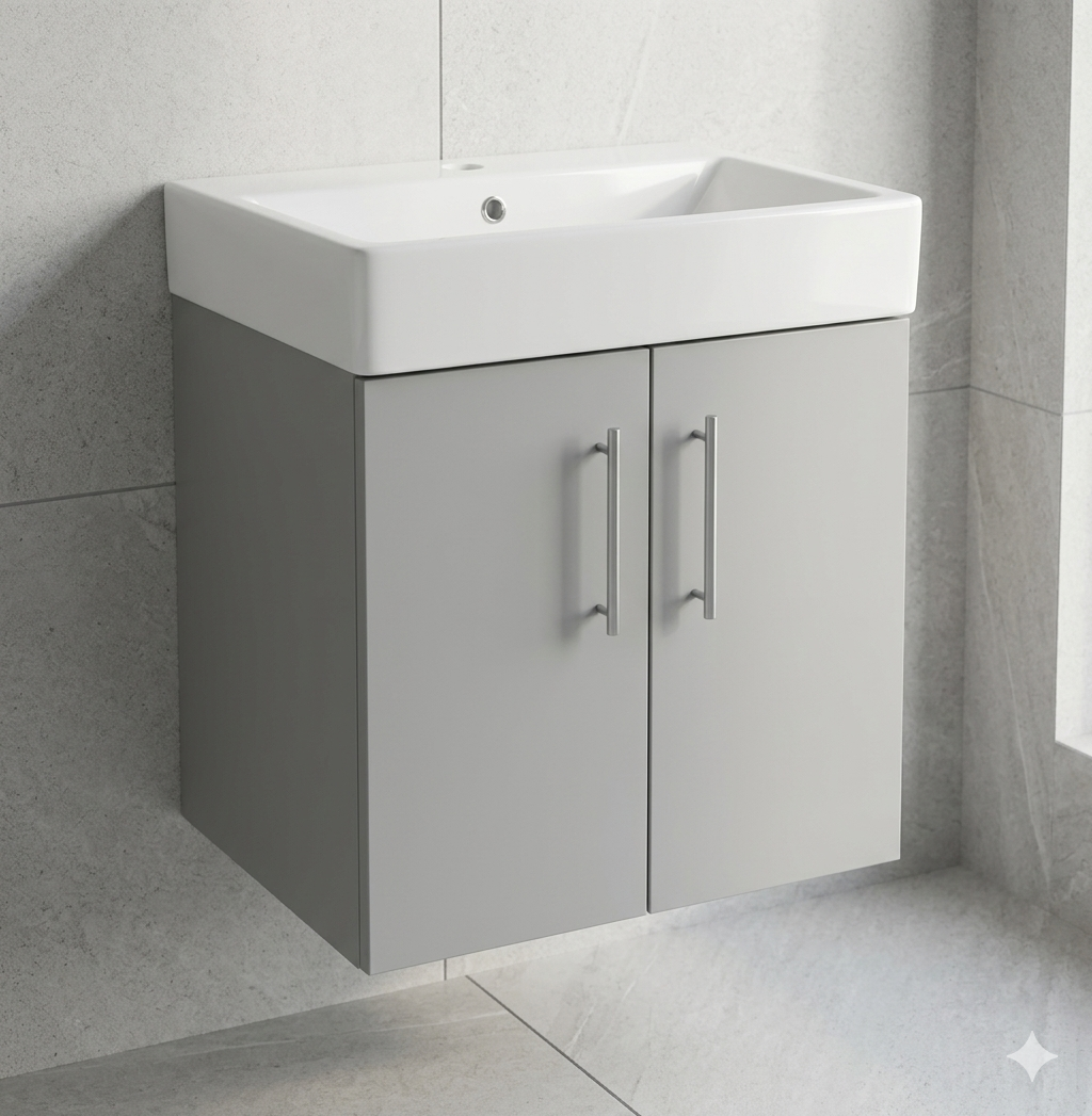 Nura 600mm Wall Hung Vanity Unit Basin Designer Glossy Light Grey Large 2-Door