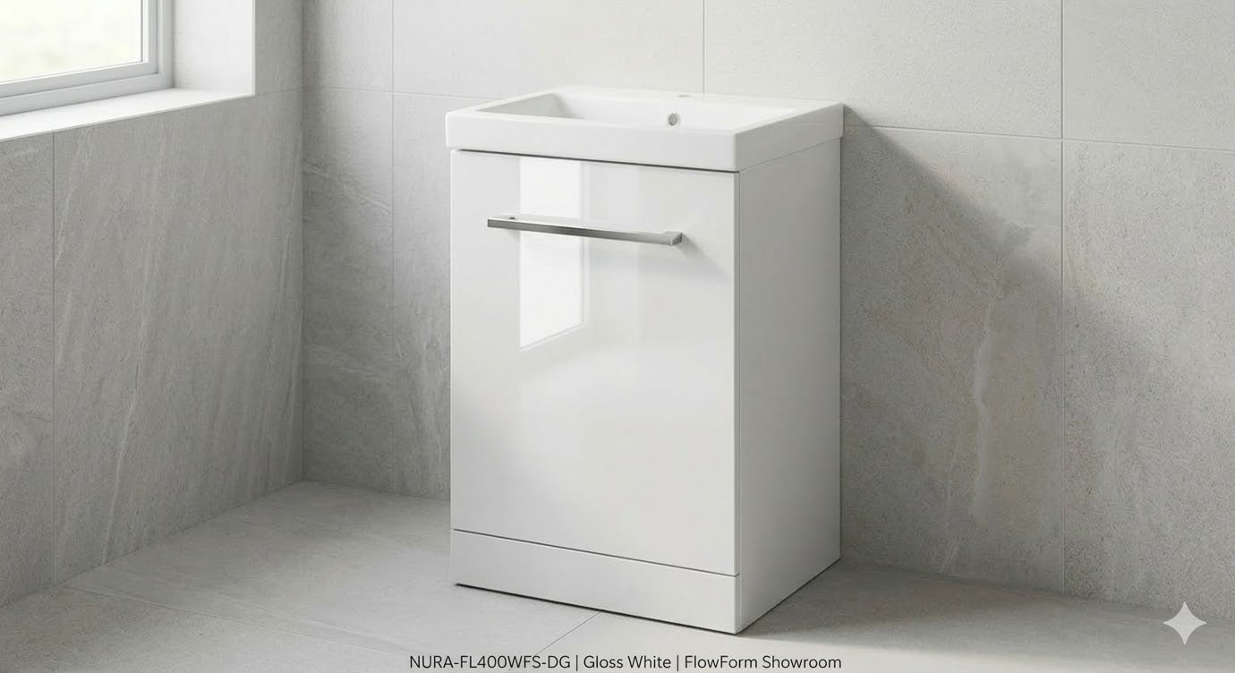 Nura 527mm Floor Standing Vanity Unit Basin High Gloss White Curved Design