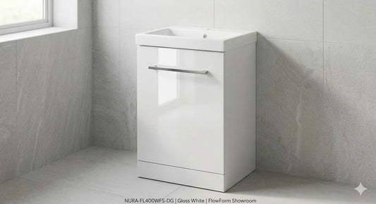Nura 527mm Floor Standing Vanity Unit Basin High Gloss White Curved Design