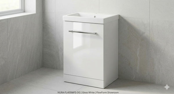 Nura 527mm Floor Standing Vanity Unit Basin High Gloss White Curved Design