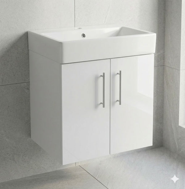 Nura 600mm Wall Hung Vanity Unit Basin High Gloss White Large 2-Door Cabinet