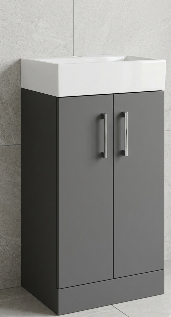 Nura 600mm Floor Standing Vanity Unit Basin Designer Glossy Dark Grey Large storage