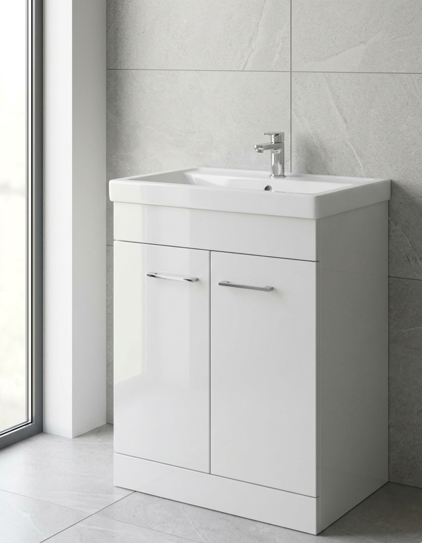 Nura 600mm Floor Standing Vanity Unit Basin High Gloss White Large Storage Unit