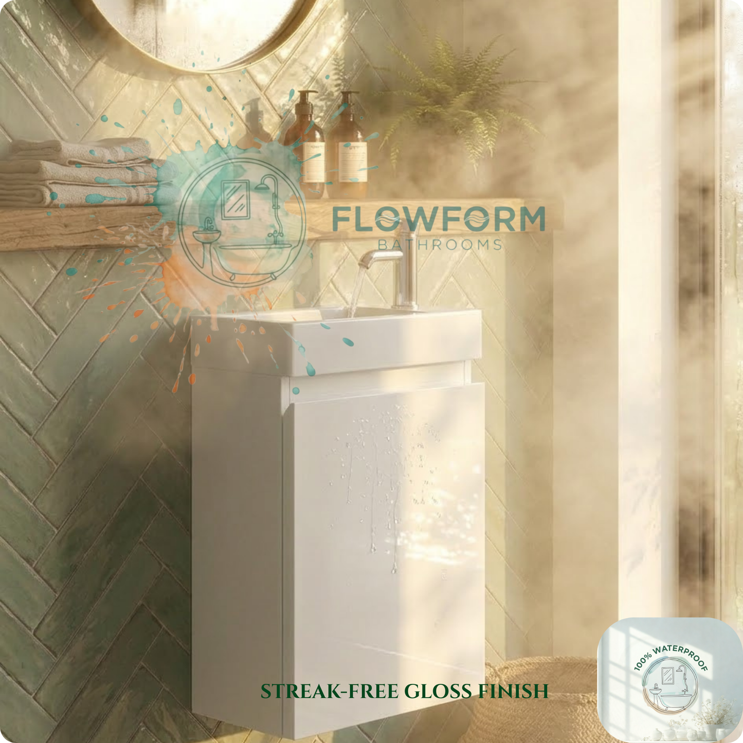 400mm - Wall Hung Vanity Unit & Basin White Gloss 100% Waterproof PVC Cabinet