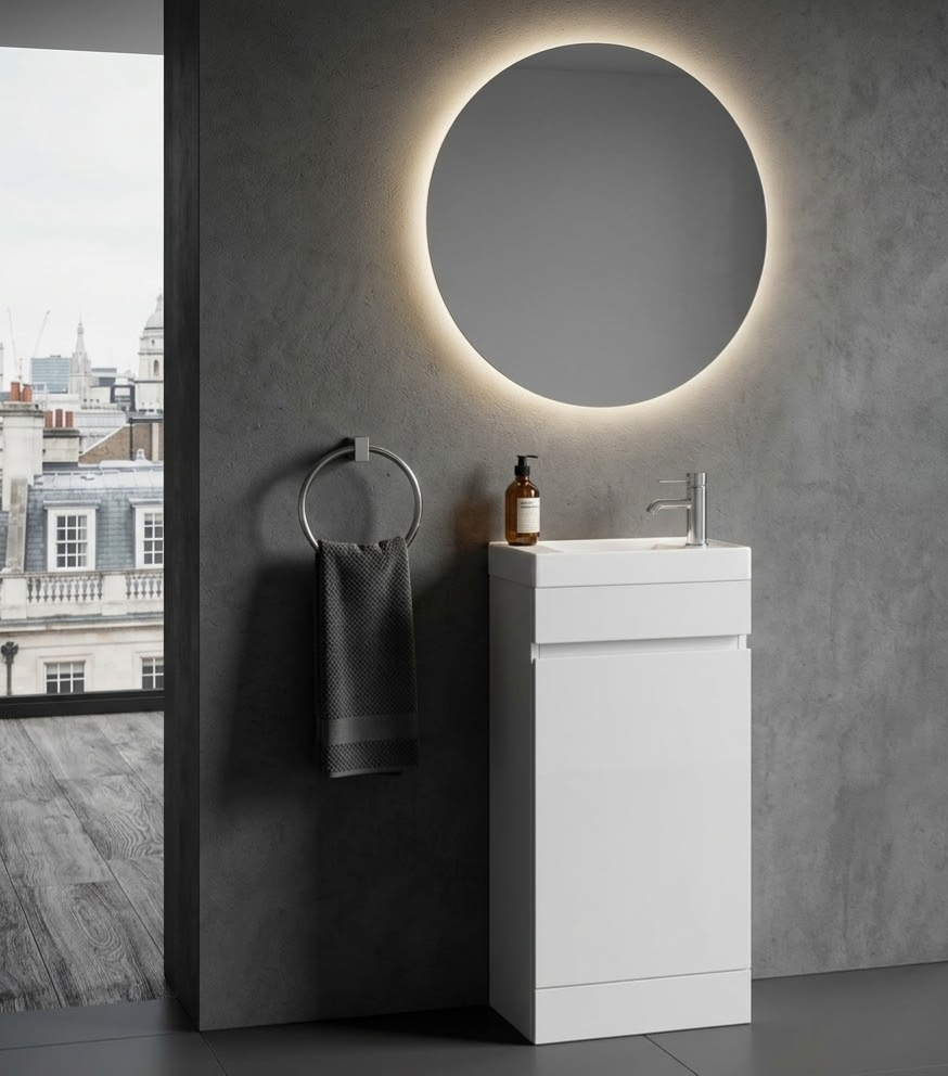 400mm Handleless Vanity Unit & Basin White Gloss 100% Waterproof PVC