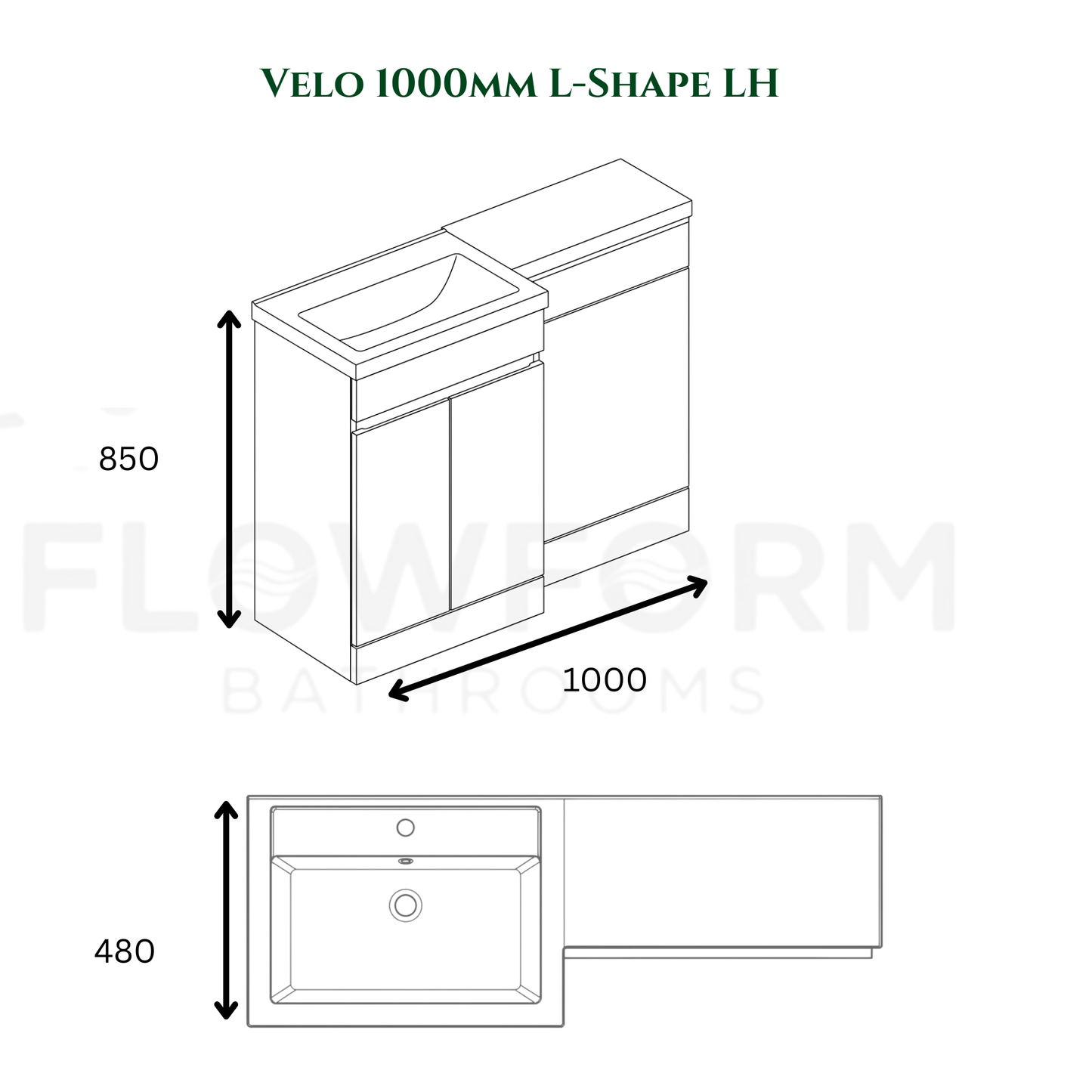 FlowForm 1000mm PVC L-Shape Vanity & WC Unit - Left Hand, White Gloss