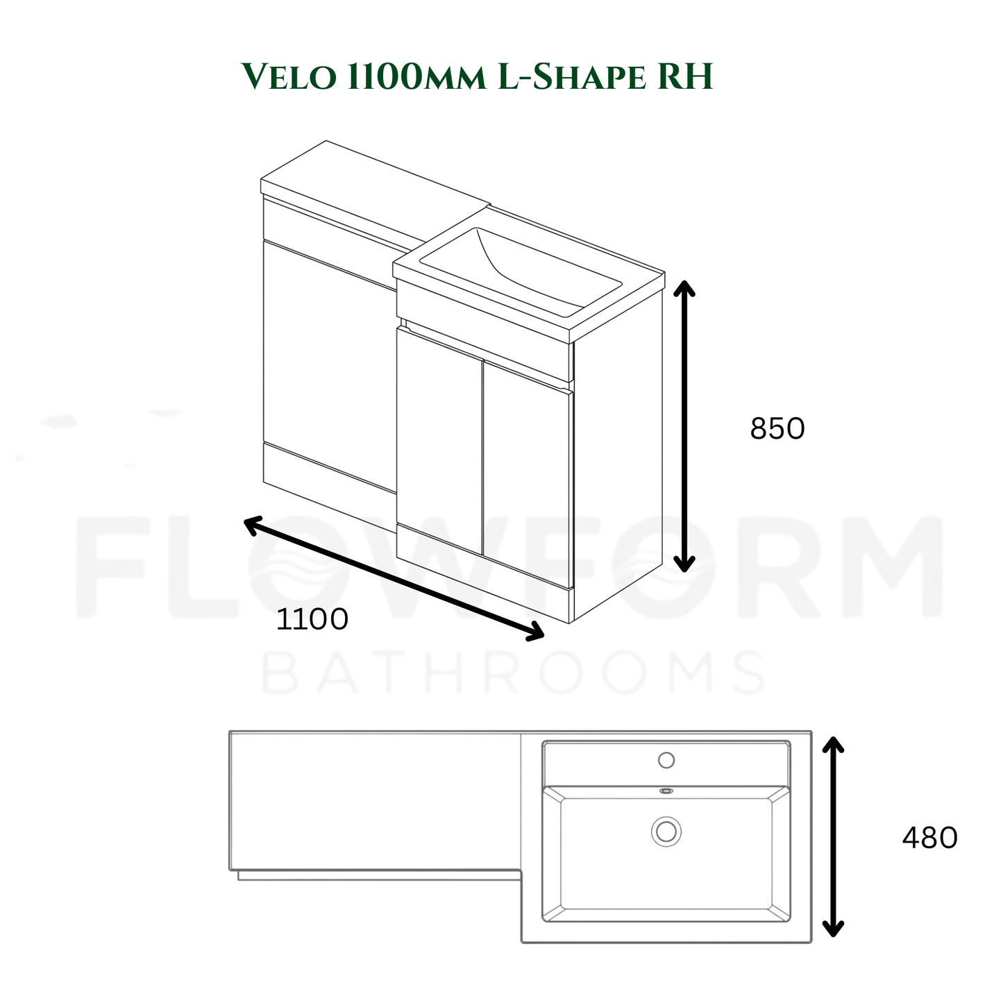 FlowForm 1100mm PVC L-Shape Vanity & WC Unit - Right Hand, White Gloss