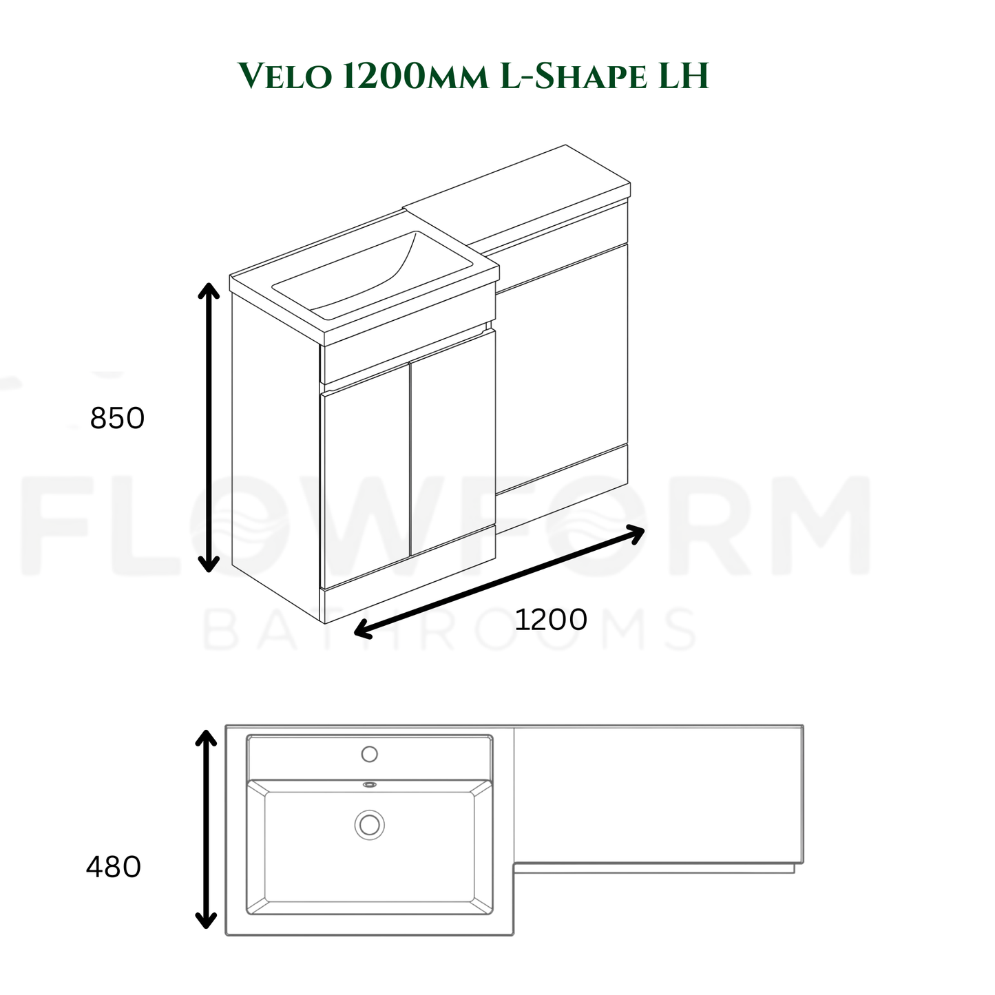 FlowForm 1200mm PVC L-Shape Vanity & WC Unit - Left Hand, White Gloss