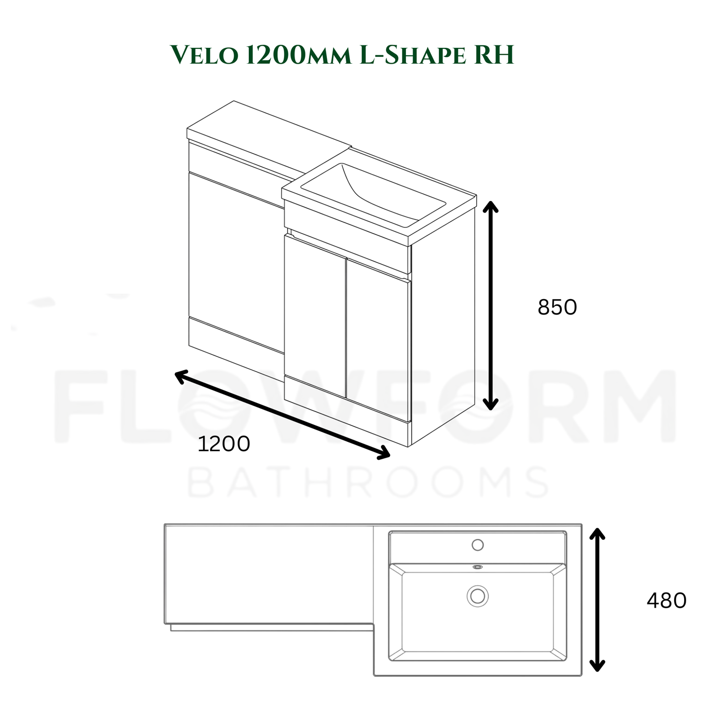 FlowForm 1200mm PVC L-Shape Vanity & WC Unit - Right Hand, White Gloss