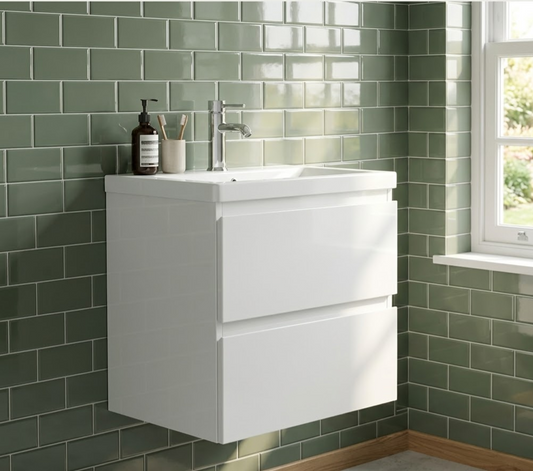 500mm - Wall Hung Vanity Unit & Basin White Gloss 100% Waterproof PVC Cabinet