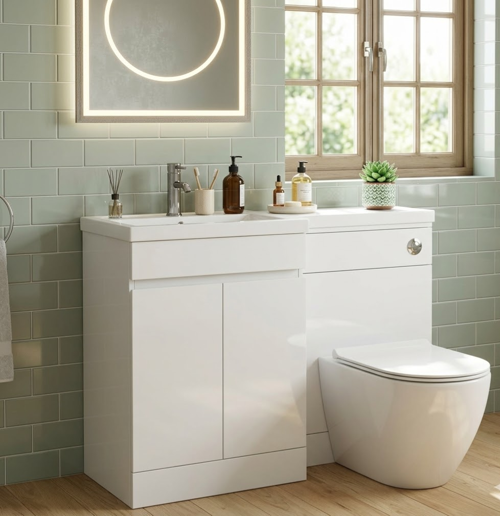 FlowForm 1200mm PVC L-Shape Vanity & WC Unit - Left Hand, White Gloss